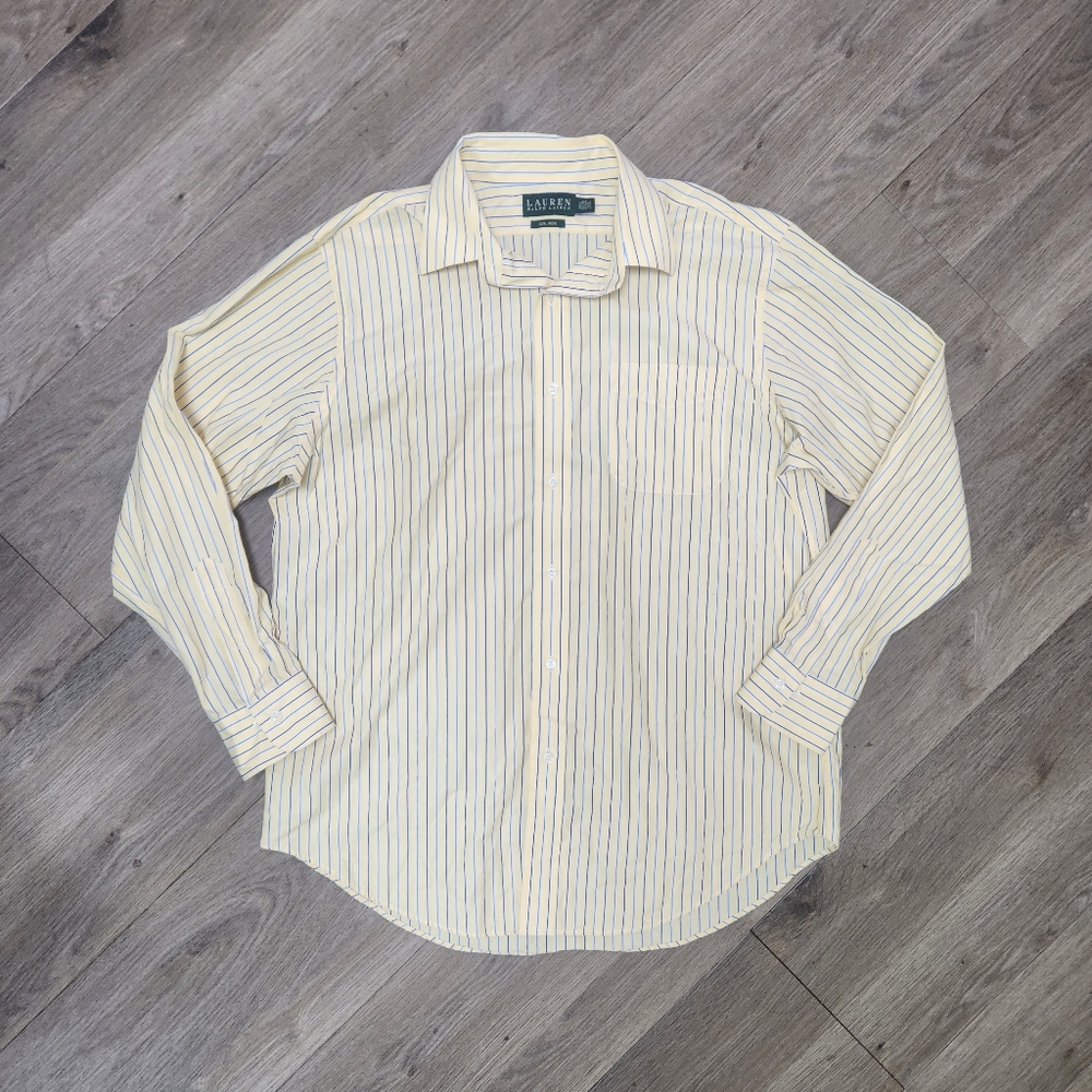 Lauren Ralph Lauren Dress Shirt Mens Button Down Yellow Blue Striped Size 16 1/2